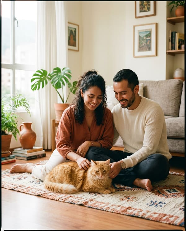 Pareja sonriendo sobre un tapete de la sala con su gato naranja.
