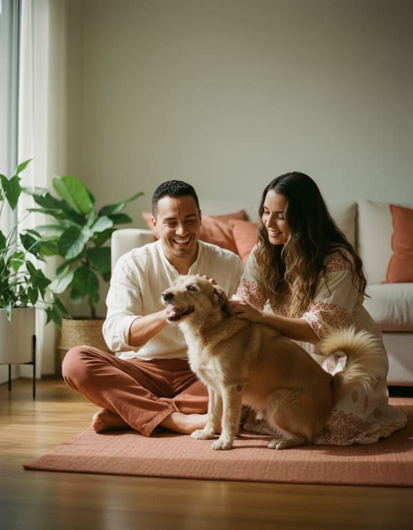 Pareja sentada en el piso de la sala, riendo mientras acaricia a su perro.