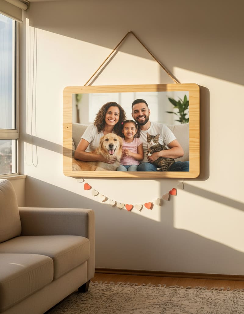 Imagen de referencia del premio: la foto de una familia abrazando a su perro y su gato, impresa en un tablón de madera colgado en la sala.